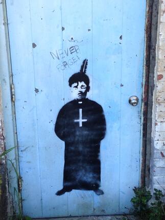 St Michaels Indian Residential School 2015 -  Boy on Door Graffiti