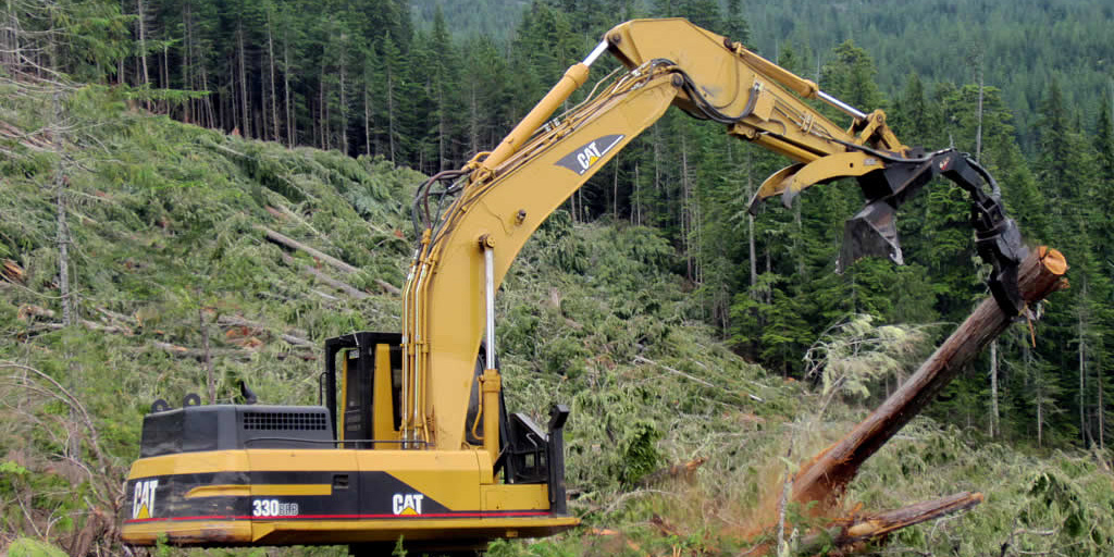 a hoe chucker stacking logs, Copper Canyon, Vancouver Island, BC. Photo: David Stanley, Flickr.