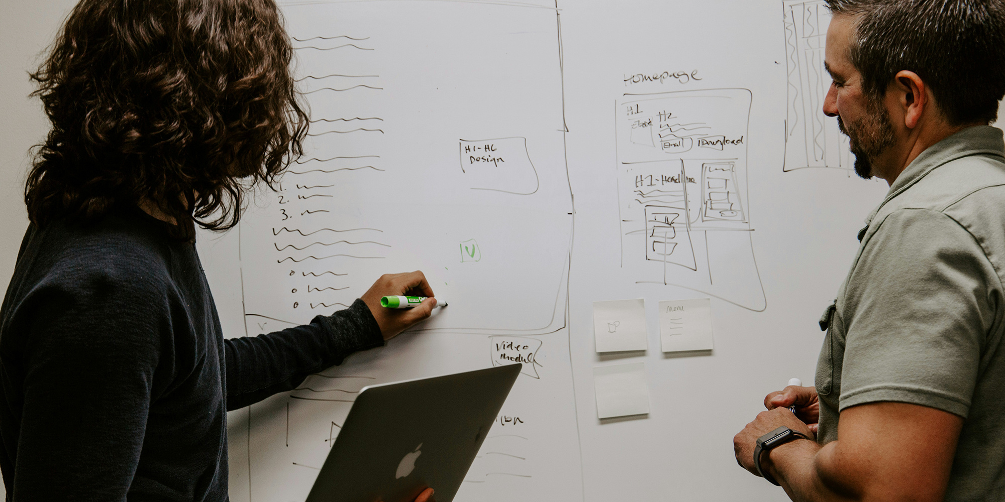 two men planning on whiteboard