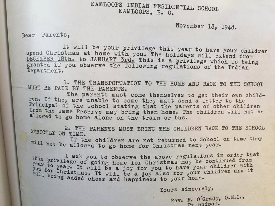 Kamloops Residential School Christmas letter