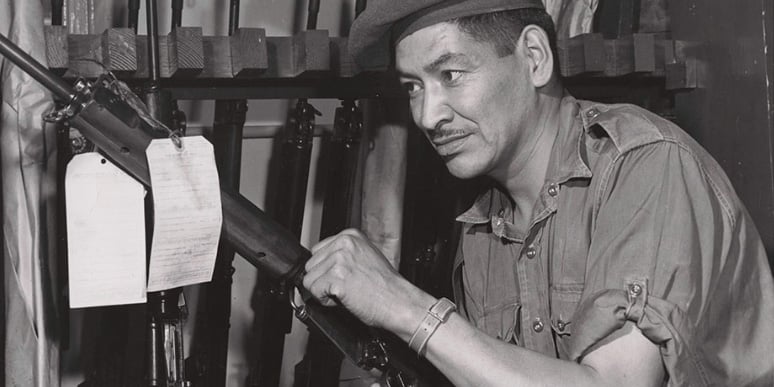 Private Patrick Joseph Augustine (Tjopatlig), Mi'kmaq traditional chief of the Big Cove Reserve, N.B., serving with the Black Watch of Canada