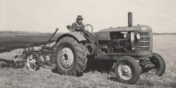 Fred Callihoo is depicted on his tractor. Fred Callihoo was Chief of the enfranchised Michel First Nation from 1936-1948.